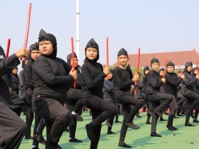 Ribuan penari Silat Ujungan memperagakan kebolehannya tampil memeriahkan puncak peringatan Hari Jadi Kabupaten Bekasi ke 73