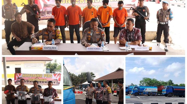 Polres Bangka menggelar konferensi pers mengenai kasus meniru atau memalsukan minyak dan gas bumi hasil olahan atau pertolongan jahat