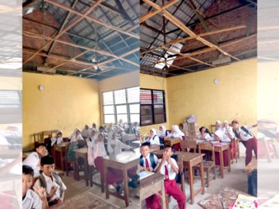 Murid SDN 1 Kadusirung, Kecamatan Pagedangan Tangerang, Banten terpaksa belajar di ruangan kelas yang rusak