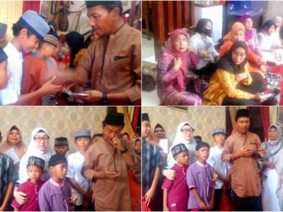 Safriyanto, mantan Ketua RW 11 Kelurahan Harapan Jaya, Kecamatan Bekasi Utara, Kota Bekasi membagikan santunan kepada anak yatim piatu dan kaum dhuafa
