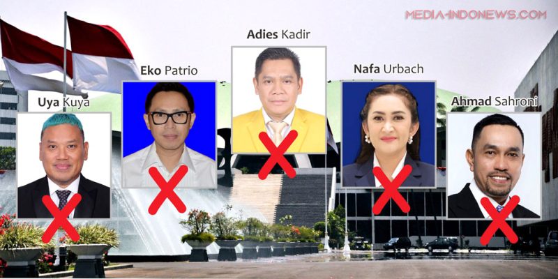 Kolase anggota DPR RI yang dicopot. Adies Kadir, Ahmad Sahroni, Nafa Urbach, Eko Patrio dan Uya Kuya dicopot dari DPR RI. (Kolase: Media-Indonews/Istimewa)
