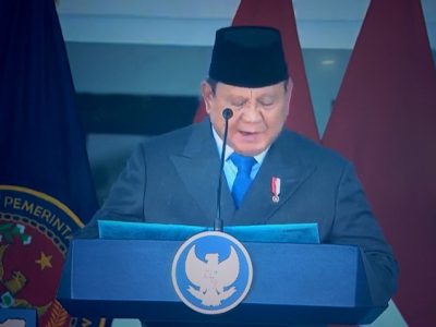 Presiden RI, Prabowo Subianto saat menyampaikan pidato usai memimpin pelantikan 1.204 Praja IPDN