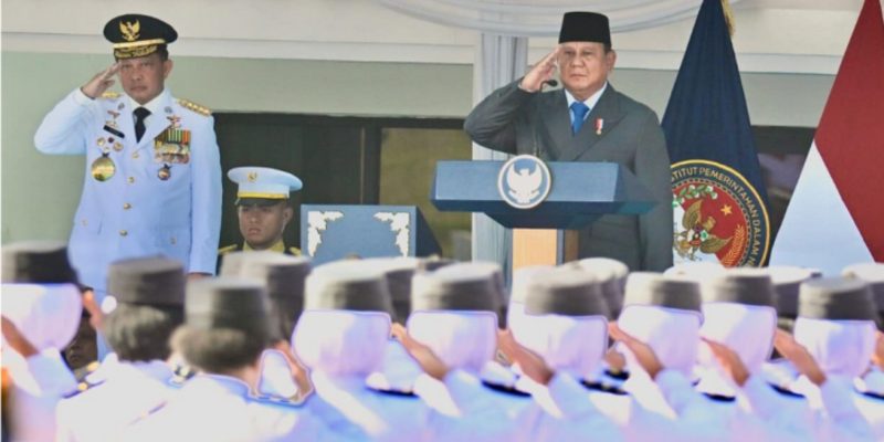 : Presiden Prabowo Subianto memimpin Upacara Pelantikan Pamong Praja Muda (PPM) Angkatan XXXIII Institut Pemerintahan Dalam Negeri (IPDN) Tahun 2026 yang digelar di Lapangan Parade IPDN Kampus Jatinangor, Institut Pemerintahan Dalam Negeri, Kabupaten Sumedang, Provinsi Jawa Barat, pada Rabu, 29 Juli 2026. Foto: BPMI Setpres/Rusman