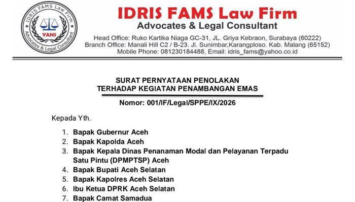 Tanah Kelahiran Terancam Perusahaan Tambang, 4 Praktisi Hukum Surati Gubernur Aceh dan Bupati Aceh Selatan